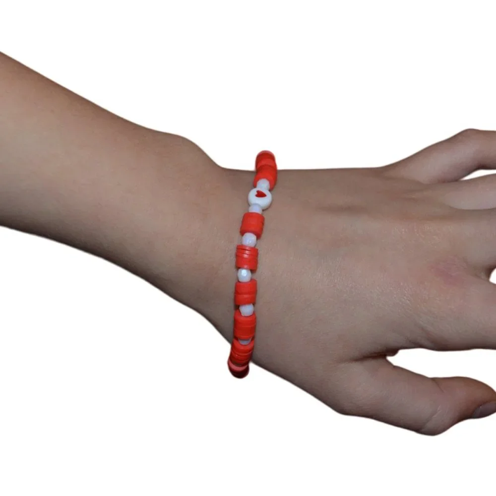 Handmade Clay Beads Elastic Kids Bracelet White Red Heart Image 2.5 length/half